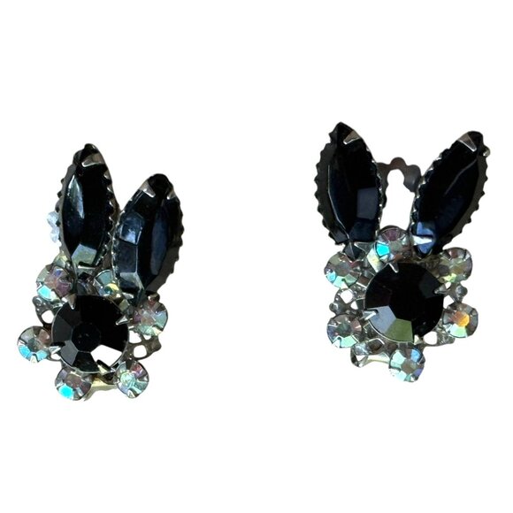 Black Crystal Bunny Clip-On Earrings With AB Crystal Aurora Borealis - Picture 2 of 5